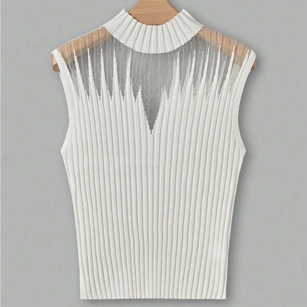 Sleeveless Pleated Knit Top – White with Metallic Accents
